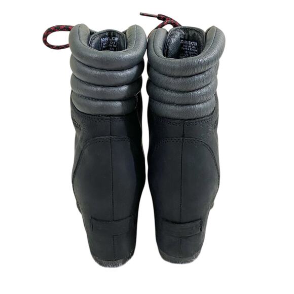 Sorel Black Oiled Leather Conquest Wedge Boots Lace Up Round Toe Women's Size 7 - Picture 6 of 11